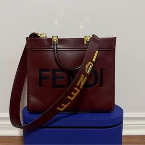 Fendi Dark Red Leather Tote with Gold Accents